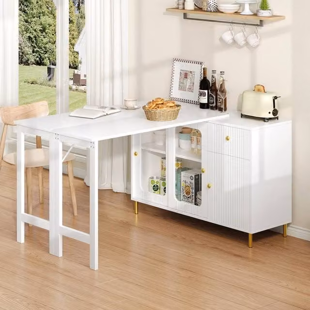 Merax White and Gold Modern Dining and Bar Storage Cabinet with Extendable Bar Table