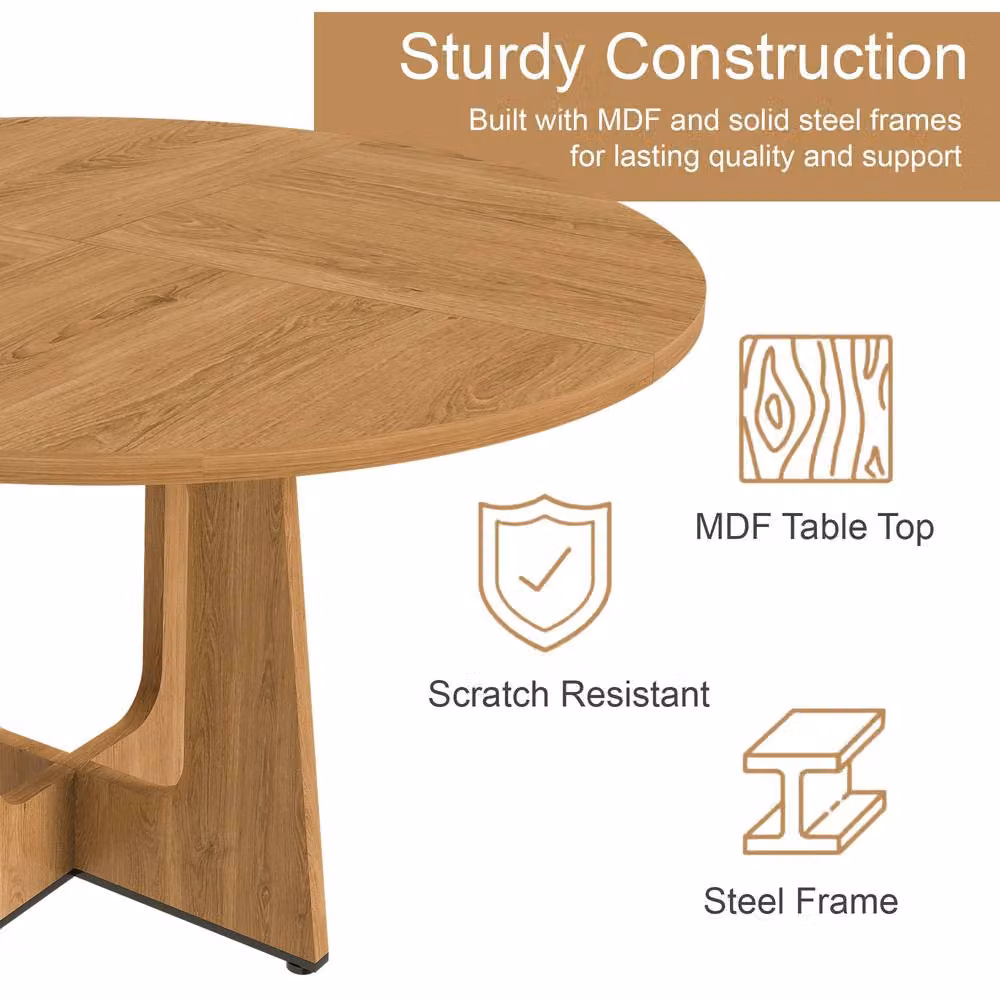 Direct Wicker Round Farmhouse Dining Table in Light Oak, MDF Construction, Diameter: 120 cm – 3