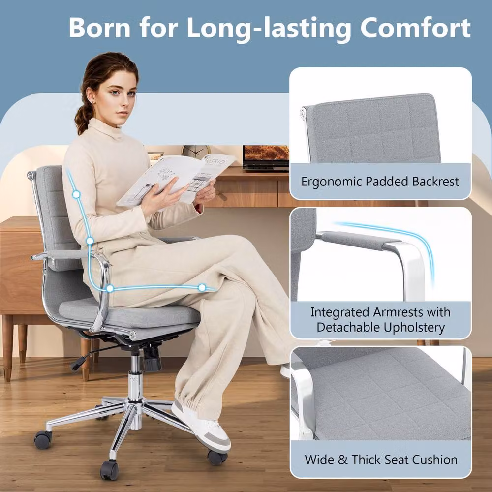 Costway Ergonomic Home Office Computer Chair with Rocking Backrest, Armrests and 360 Degree Swivel in Grey Fabric and Metal – 3