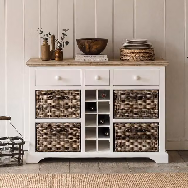 Florence Sideboard with Wine Rack, Baskets and Drawers in White Acacia Wood, W: 120 cm, D: 42 cm, H: 85 cm