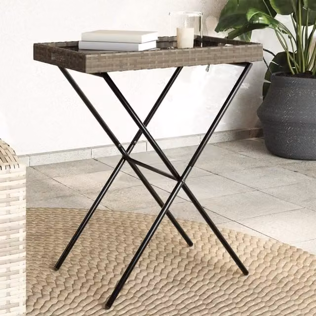 Berkfield Home Folding Tray Table in Grey Poly Rattan and Steel, W/D/H: 65 x 40 x 75 cm – 1