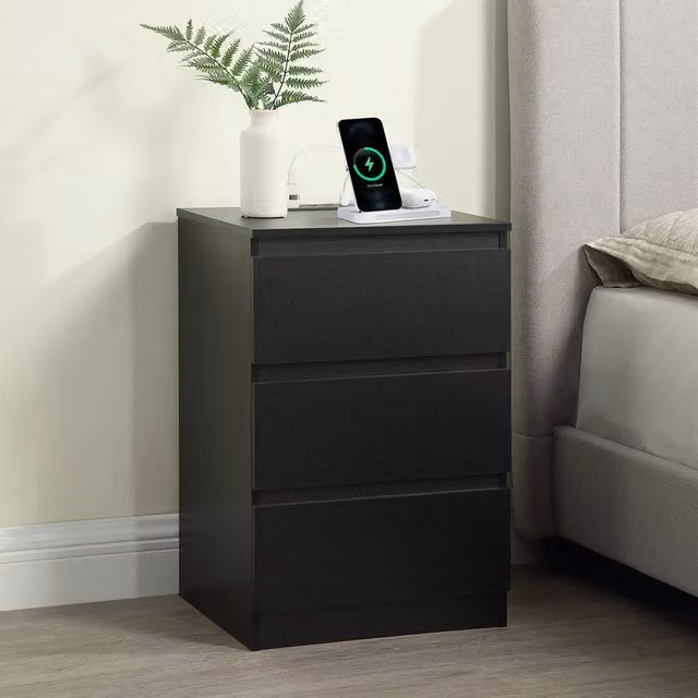 Home Treats Modern Black USB-A and USB-C Charging Station Bedside Table