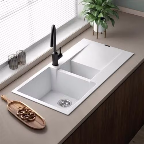 Reginox Amsterdam 10PW White Granite 1.0 Bowl Reversible Inset Kitchen Sink W: 50 cm, D: 86 cm – 3