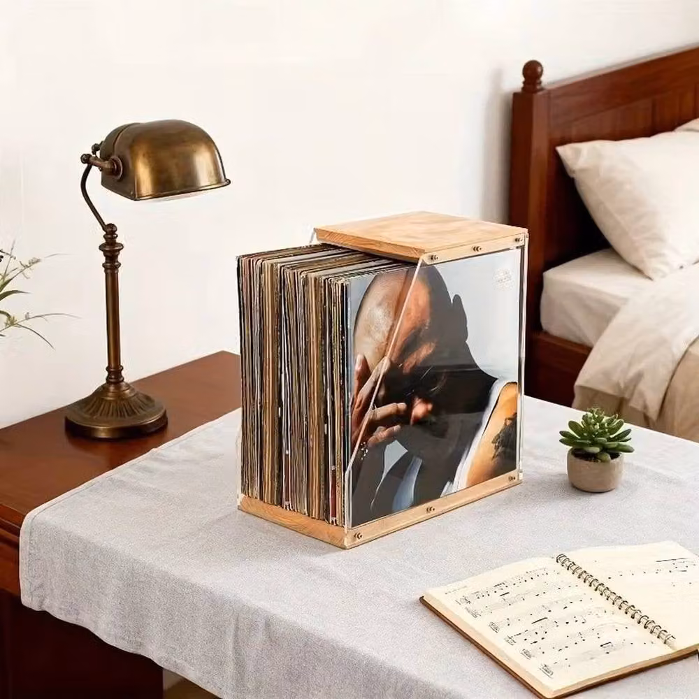 NESTLUNE Premium Vinyl Record Storage with Clear Acrylic Holder in Beige and Sand – 3