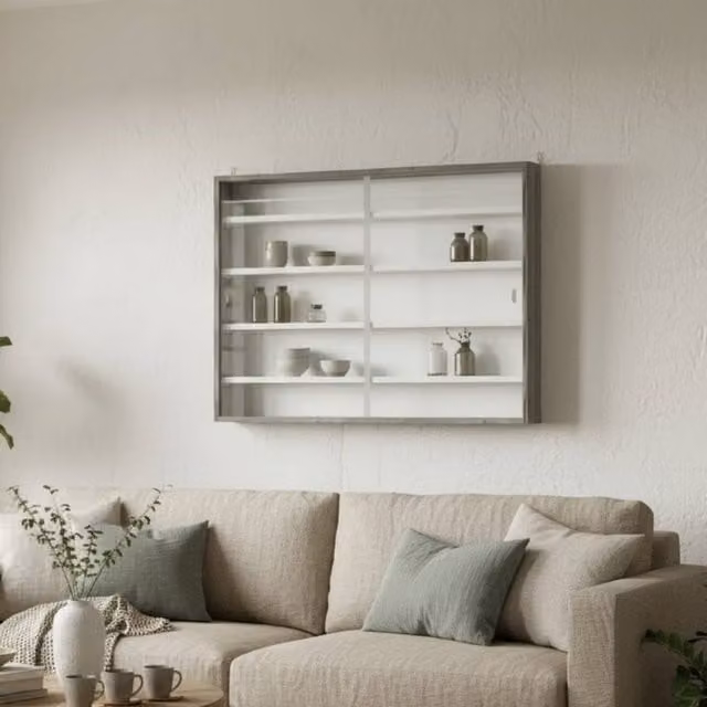 Wyld Haus Kasofa Modern Wall Mounted Grey Wood and Glass Display Cabinet with Sliding Glass Doors – 1