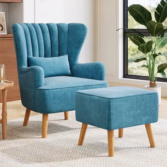 Komore Mid-Century Blue Fabric Upholstered Armchair with Matching Footstool