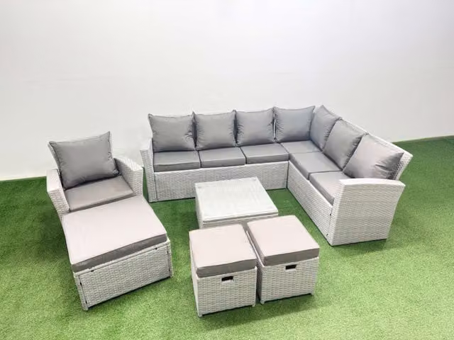 Fimous 10 Seater Rattan Garden Furniture Set in Light Grey with Upholstered Cushions and L-Shape Sofa Design