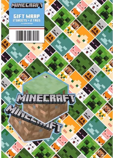 Official Minecraft Green Wrapping Paper Set with 2 Sheets and 2 Tags