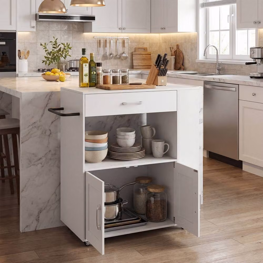 Costway Mobile Wooden Kitchen Island Cart with Cabinet and Spice Racks in White – 3