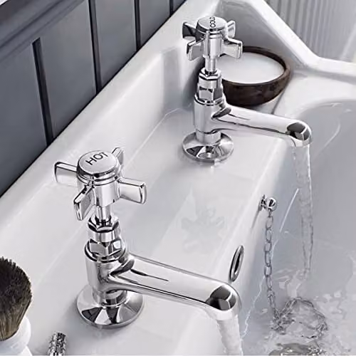 Nes Home Edwardian Twin Basin Taps in Chrome with Two Handles for High Pressure Systems