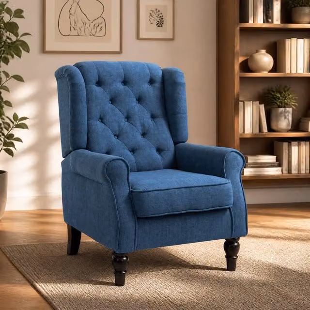 STILVORA Blue Fabric Wingback Chair with Solid Wood Frame and Armrests – 1