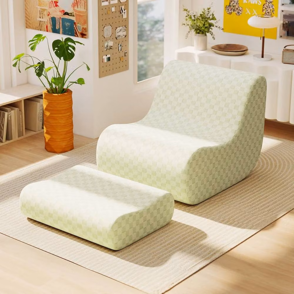 Kelvenix Green Checked Accent Lazy Sofa Bean Bag Chair Set with Side Tray and Removable Fabric Cover – 2