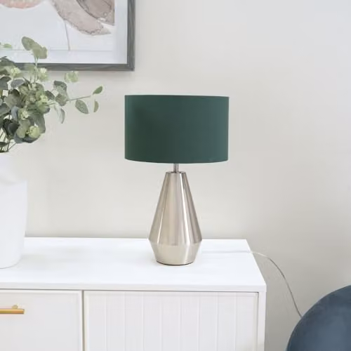 ValueLights Silver Chrome Metal Touch Dimmer Table Lamp with Green Fabric Cylinder Shade – 2