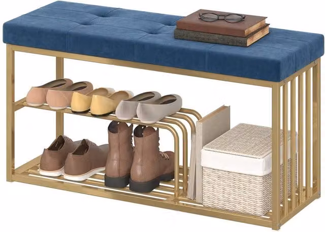 HOMCOM Blue Velvet Upholstered Shoe Rack Bench, Width: 90 cm