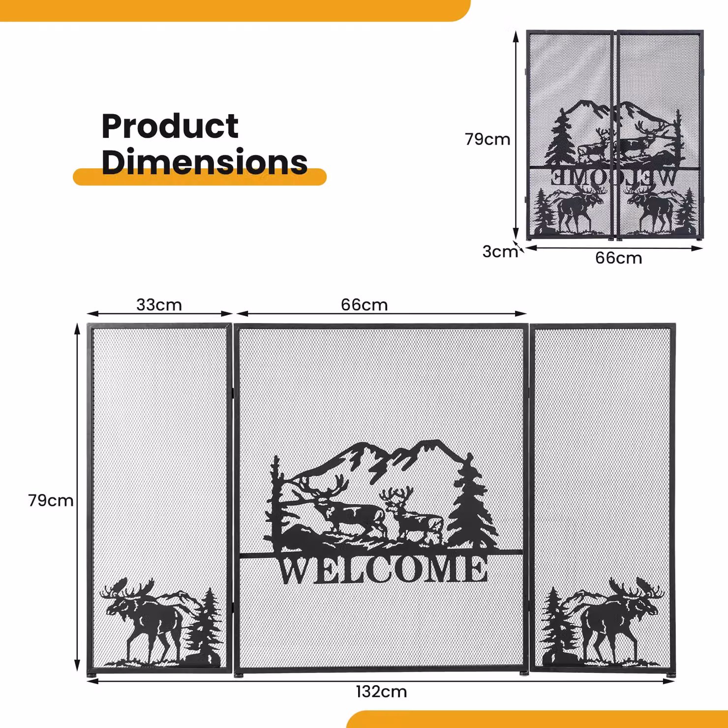 Costway 3-Panel Folding Fireplace Spark Guard with Natural Scenery and Moose Pattern, Black, W: 132 cm, H: 79 cm, D: 79 cm – 2