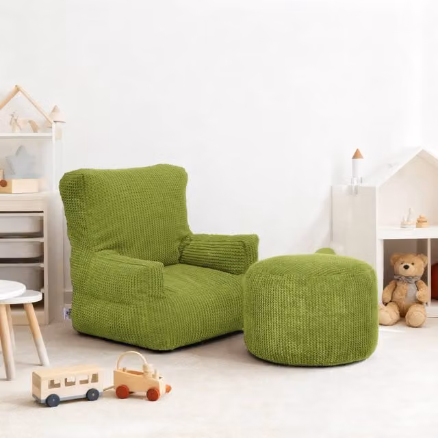 Ready Steady Bed Kids Corduroy Bean Bag and Footstool Set in Green