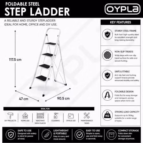 Oypla 4 Step Foldable Steel Stepladder with Non-Slip Rubber Feet, White – 2
