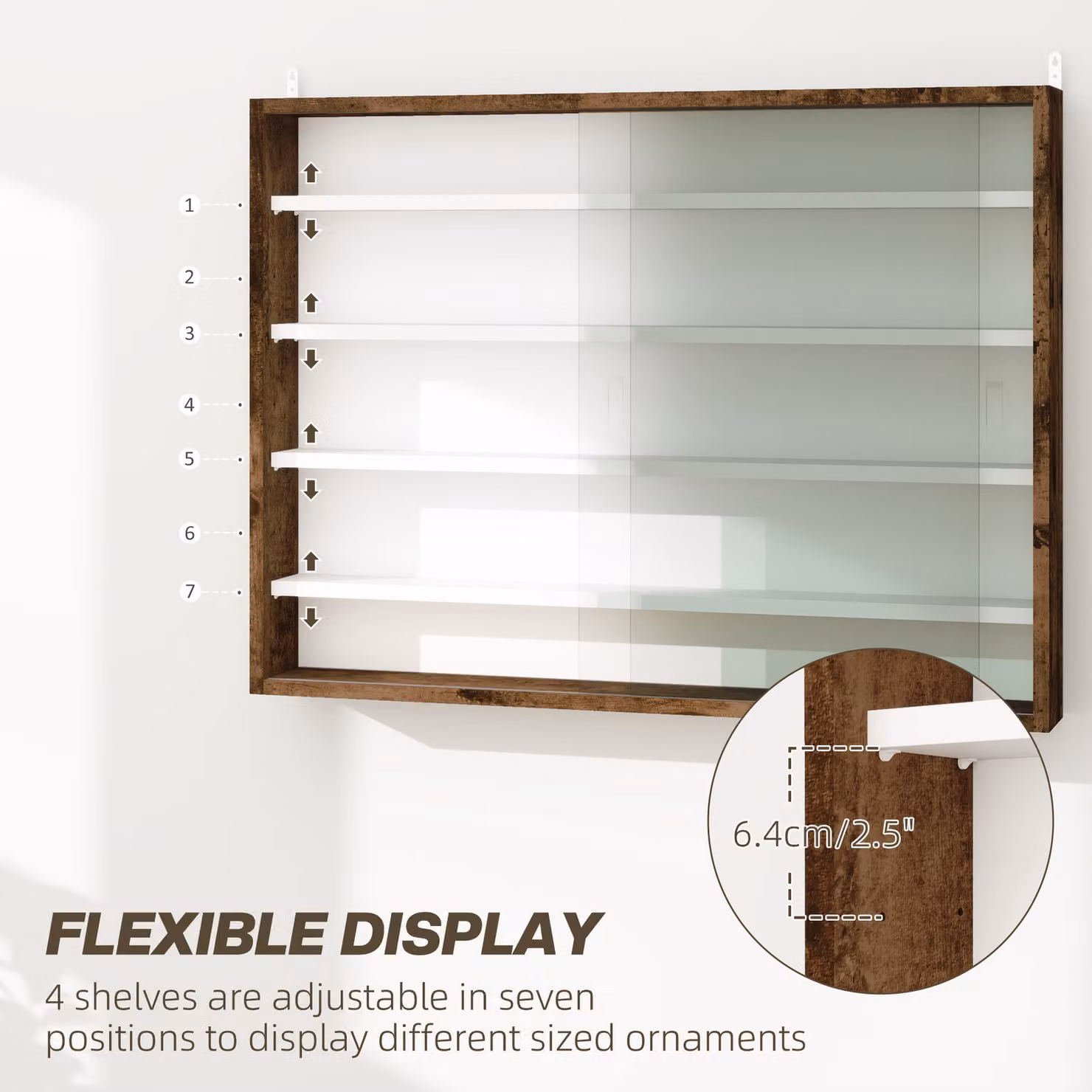 HOMCOM 5-Tier Wall Mounted Display Shelf Unit with 4 Adjustable Shelves and Glass Doors, Rustic Brown, W: 80 cm, H: 60 cm, D: 60 cm – 3