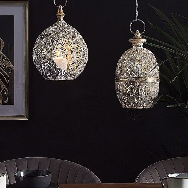Wyld and Coco Distressed Gold Openwork Metal and Glass Lantern with Tealight Holder, Height: 33 cm