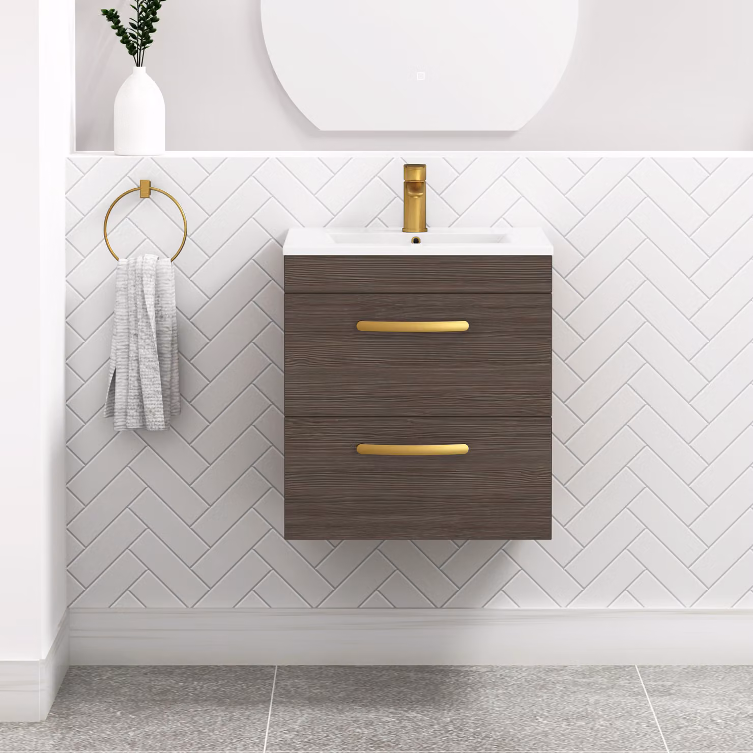 Royal Bathrooms Turin Wall Hung Vanity Unit in Grey Elm with 2 Drawers and Brushed Brass Handles