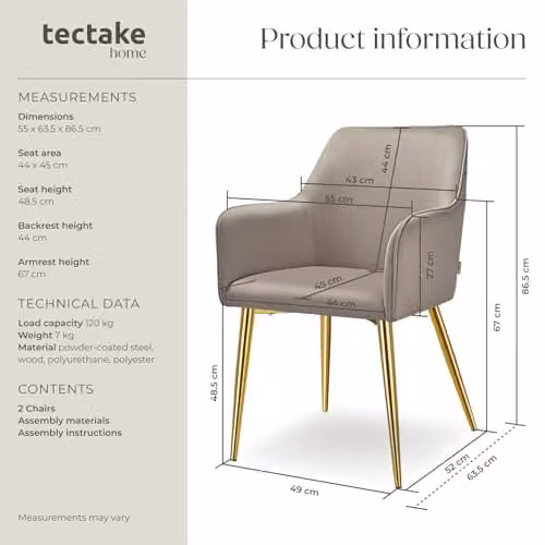 tectake Set of 2 Avane Dining Chairs with Velvet-Look Fabric and Armrests in Taupe – 3