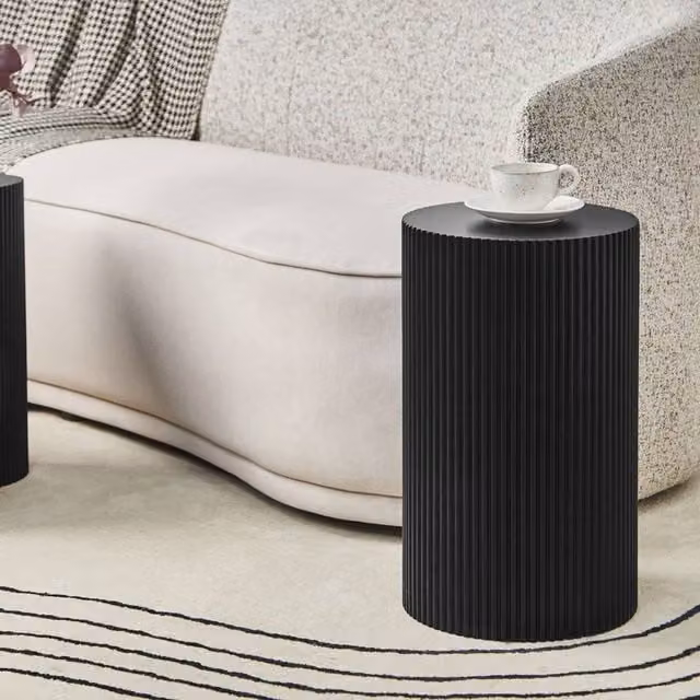 Wyld and Coco Nexa Black Round Side Table with Fluted MDF Base, W/D/H: 30 x 30 x 30 cm