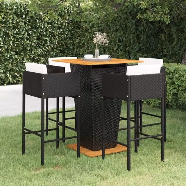 Berkfield Home 5 Piece Black Poly Rattan Garden Bar Set with Cushions – 1