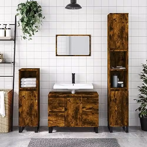 vidaXL Tall Industrial Bathroom Cabinet in Brown Oak and Metal with Hinged Doors and Open Shelves – 2