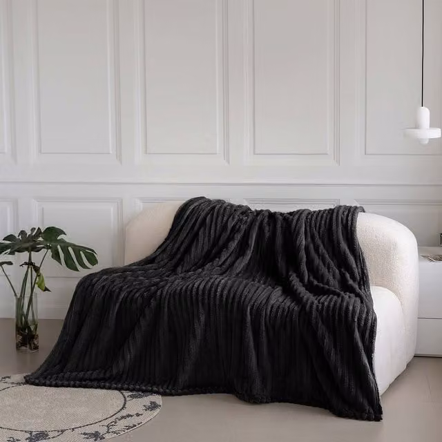 Velosso Black Striped Velvet Throw Blanket W: 150 cm, L: 200 cm
