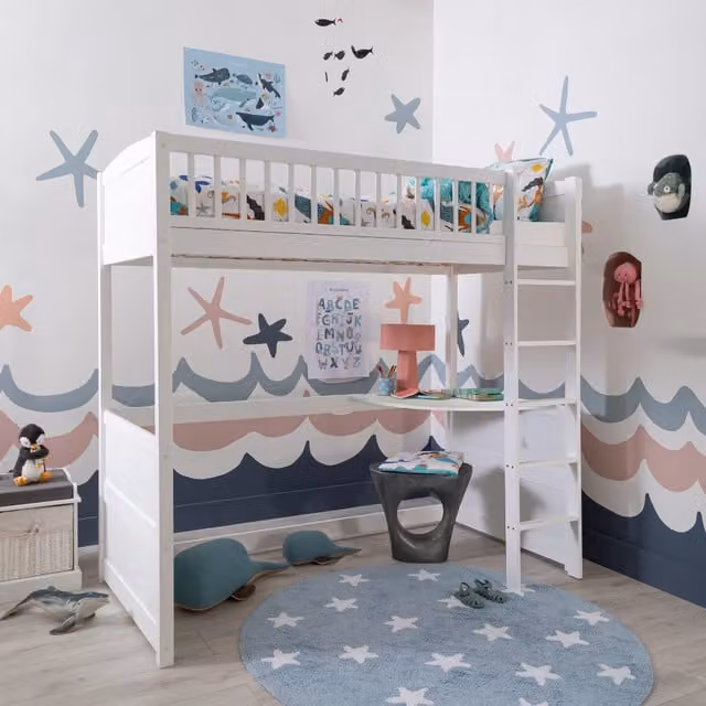 Noa and Nani Lottie Highsleeper Kids Cabin Bed in White with Thom Desk and Straight Ladder