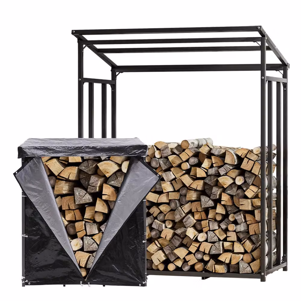 Living and Home Small Metal Tube Firewood Rack with Roof, Black, W/D: 109.7 x 70.1 cm – 2