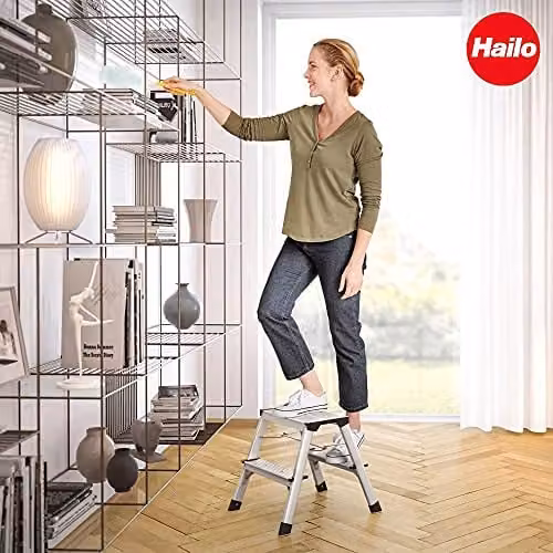 Hailo 4442-701 L90 Silver Aluminium Double-Sided 2-Tread Foldable Step Ladder with Rubber Feet – 2