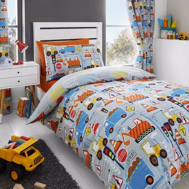 Happy Linen Company Reversible Kids Vehicle Graphic Duvet Cover and Pillowcase Set, Grey and Multicolour, Duvet Cover: 140 x 200 cm, Pillowcase: 50 x 75 cm