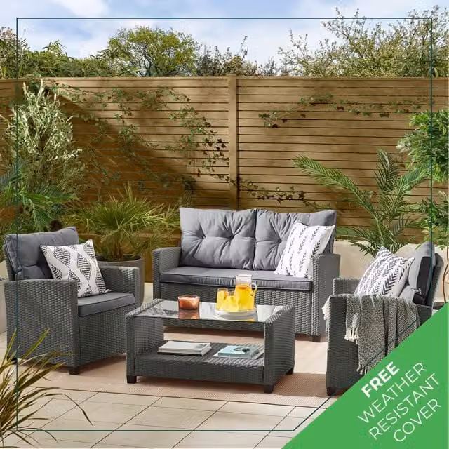 FurnitureboxUK Arizona 4 Seat Grey Rattan Outdoor Garden Sofa Set with 2 Seater Sofa, Lounge Armchairs, Coffee Table and Upholstered Cushions