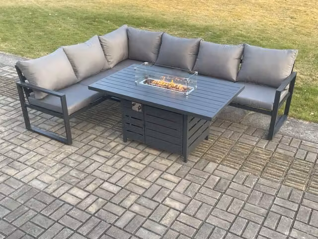 Fimous 6 Seater Aluminium Outdoor Garden Furniture Set with Gas Fire Pit Dining Table in Dark Grey