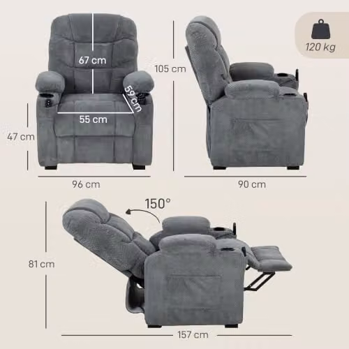 HOMCOM Electric Massage Recliner Armchair with Vibration and Heat in Dark Grey – 3