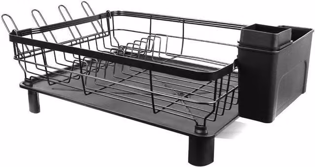 FORGEVIO Black Steel Dish Drainer Rack with Cutlery Holder, Cup Holder and Drip Tray