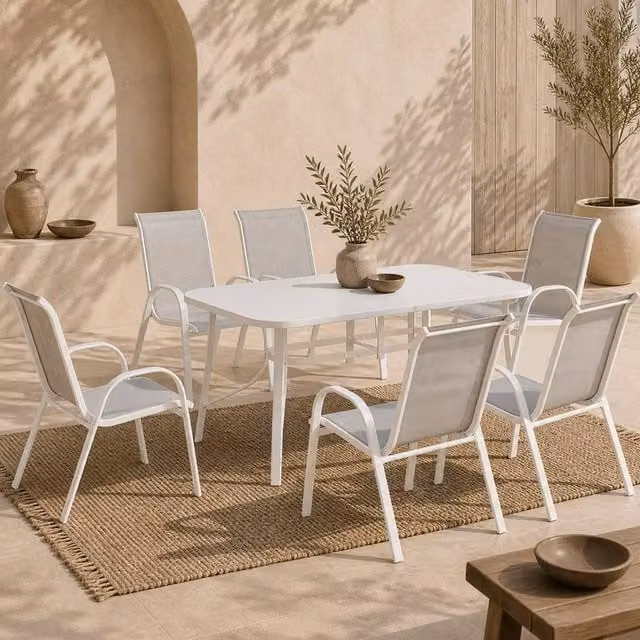 Wyld Haus Niseso 6 Seater Outdoor Dining Set in White Metal and Light Grey Mesh – 1