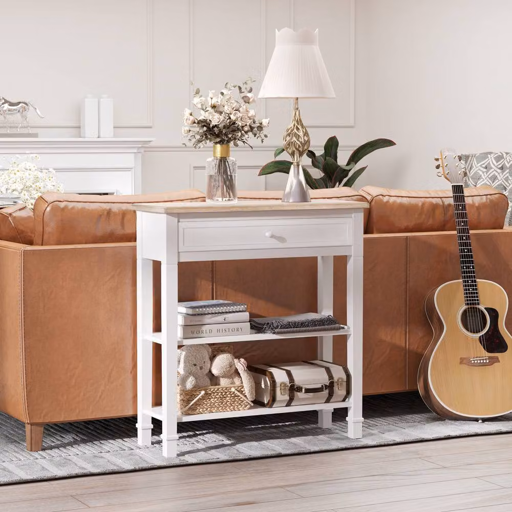 HOMCOM White Console Table with Drawer and 2 Shelves for Hallway and Side Desk – 2