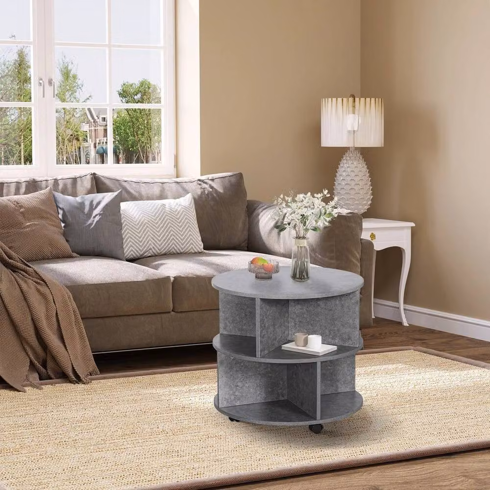 NESTLUNE 3 Tier Round Rolling Coffee Table in Grey, Diameter: 100 cm – 4