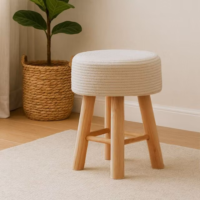 Orsina White Cotton Rope Stool with Wood Frame – 2