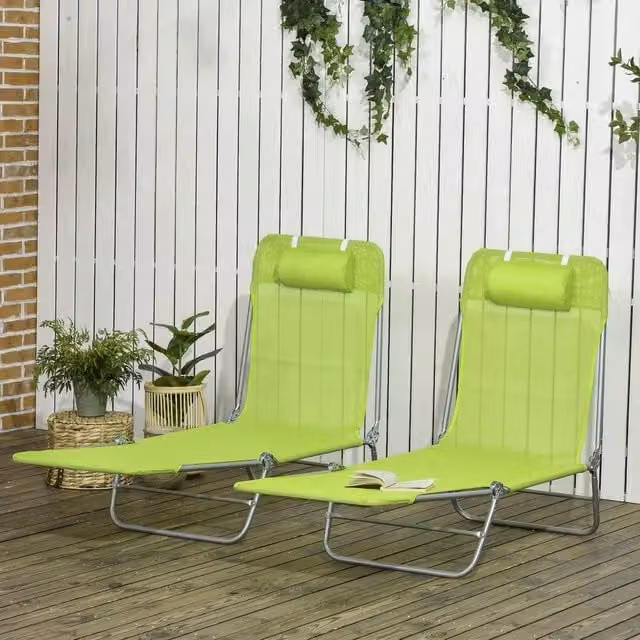 EONLION Set of 2 Green Outdoor Foldable Sun Loungers with Adjustable Headrest and Textilene Fabric