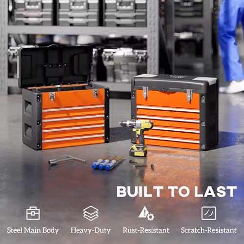 HOMCOM Large 4 Drawer Steel Toolbox with Inserts, Orange – 4