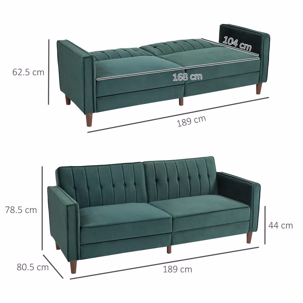 HOMCOM Reversible Velvet-Touch Convertible Futon Sofa Bed in Green – 3