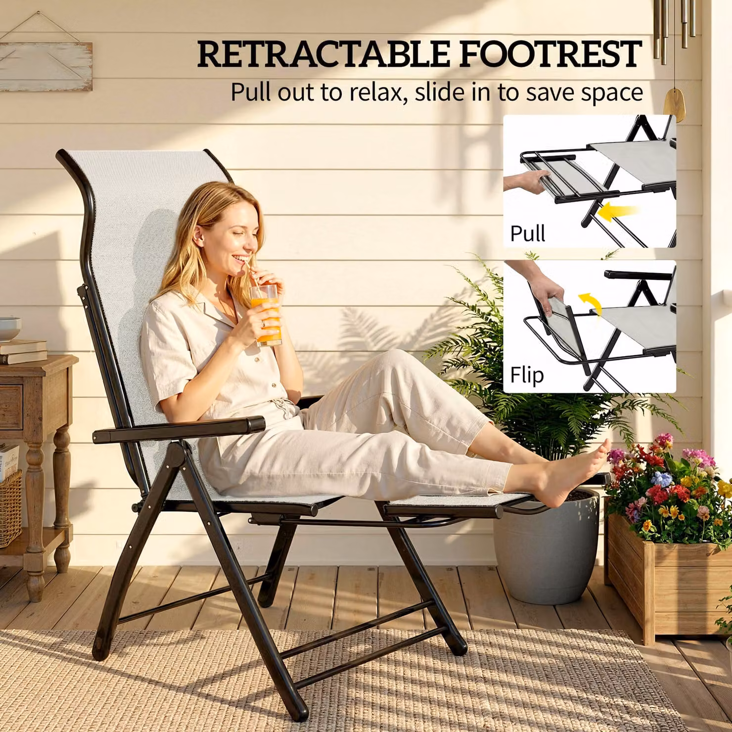 Outsunny Set of 2 Reclining Garden Chairs in Grey with 5-Position Adjustable Backrest and Retractable Footrest – 4