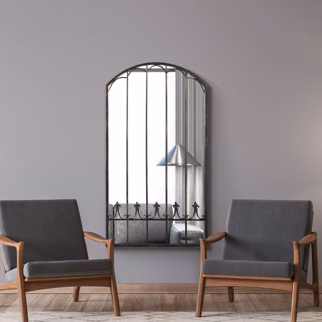 MirrorOutlet Antique Black Metal Arch Window Effect Large Wall Mirror