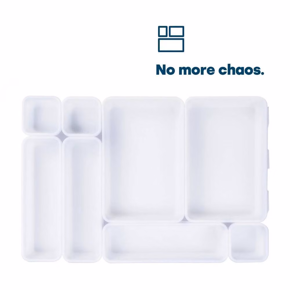 EONLION 8 Piece Interlocking Plastic Drawer Organiser in White – 2