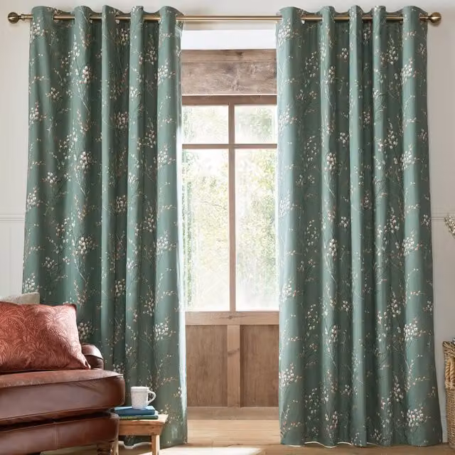 Laura Ashley Pussy Willow Floral Blackout Eyelet Curtains in Fern Green