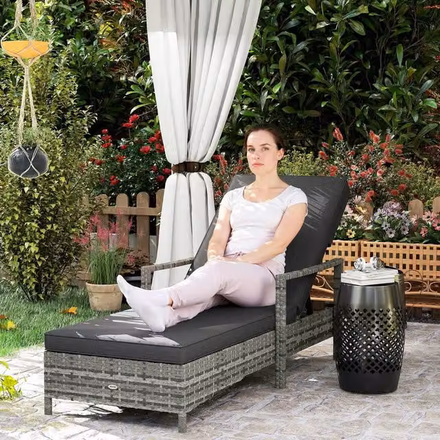 OUTSUNNY Grey Polyrattan Single Sun Lounger with 5-Level Adjustable Headrest and Armrests