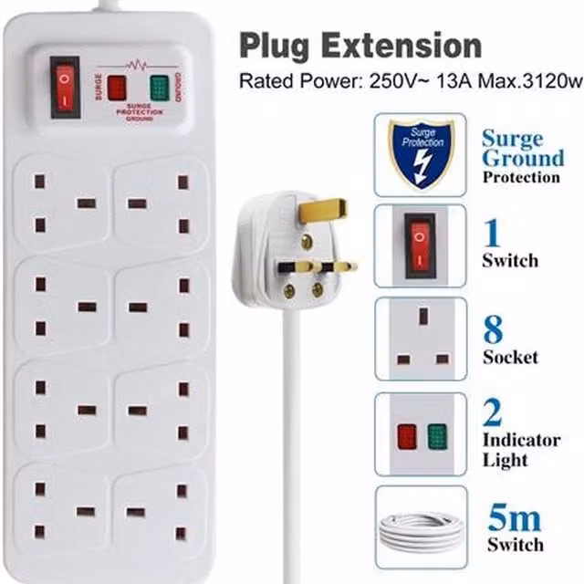 ExtraStar 8 Gang Switched Surge-Protected Extension Lead, Black, 5m